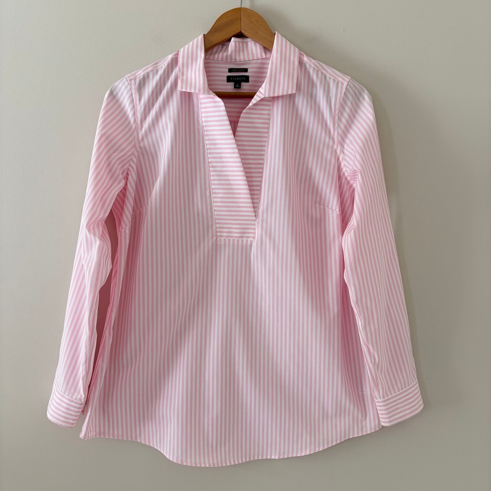 Talbots Blouse Top 8 Pink Stripe Wrinkle Resistant Popover V-Neck Long Sleeve